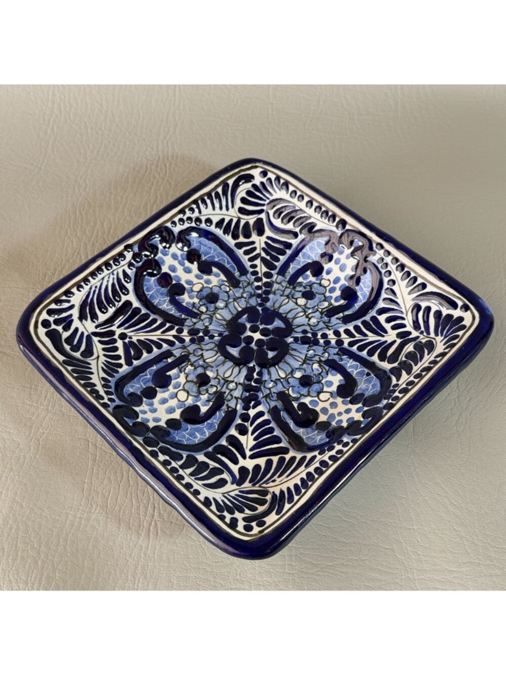 Vintage Talavera Mexican Pottery Square Plate Cobalt Blue White Signed 7.5" - Picture 11 of 11